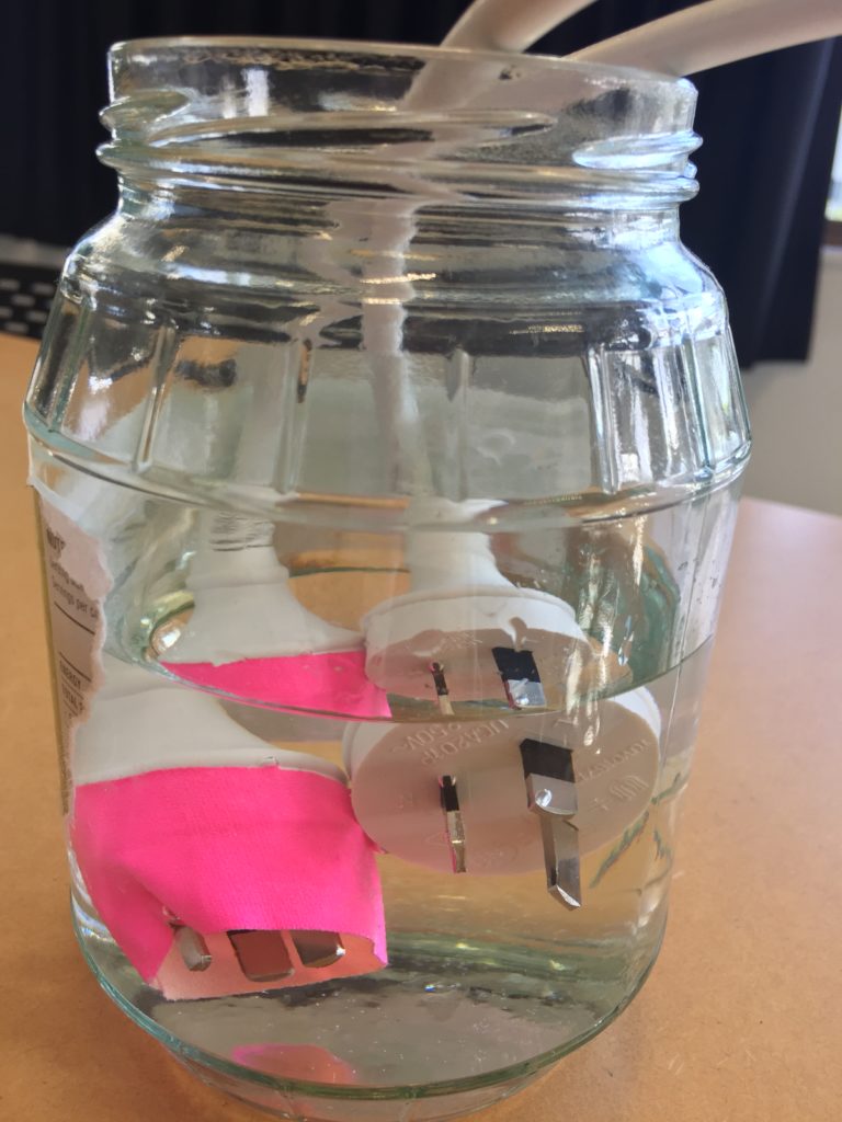 Jar filled with tap water for testing two DIY EC probes 