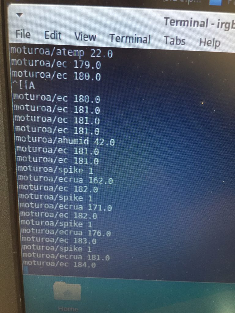 Output showing values returned by two EC probes (moturoa/ec and moturoa/ecrua) and DHT11 sensor showing air temperature (moturoa/atemp) and air humidity (moturoa/ahumid)