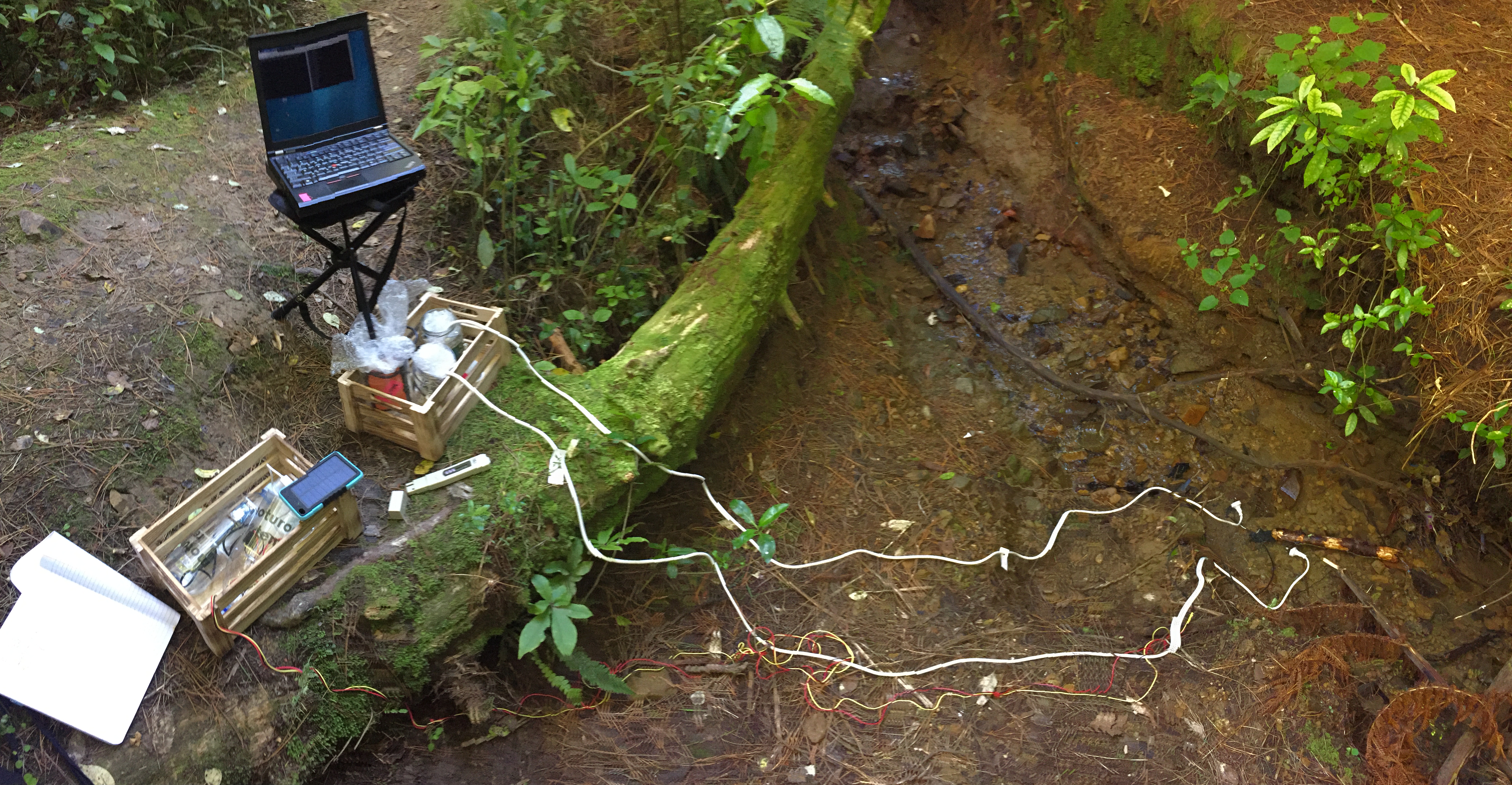 Panorama of experiment setup showing a latop on a stool on the left side. Next to the stool are two wooden crates with glass jars containing electronics. Three probes are submersed in the stream visible on the right side. Cables can be seen on the ground.